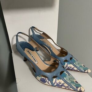 Manolo Blahnik Blue Kitten Heel Slingbacks